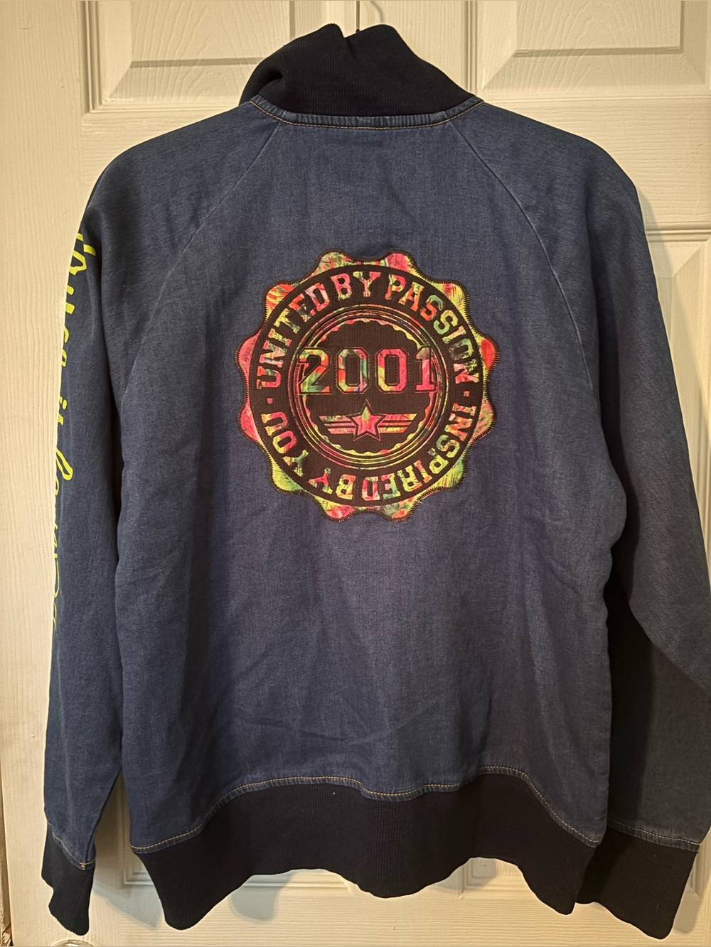 Zumba Fitness Navy Jean Bomber Jacket with Multicolor Back Graphic NWT Large